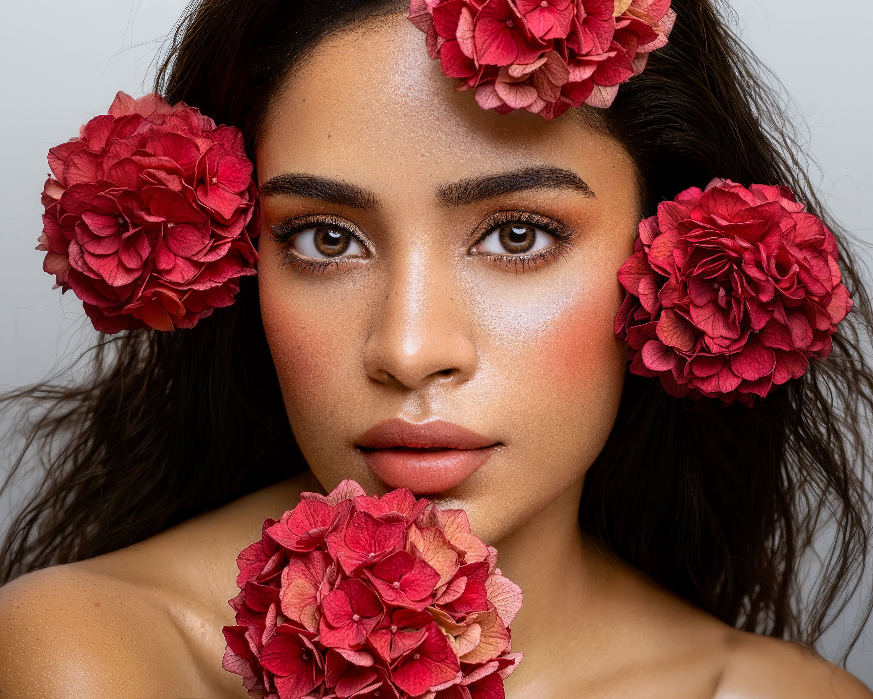 Day 1 portrait with red hydrangea flowers